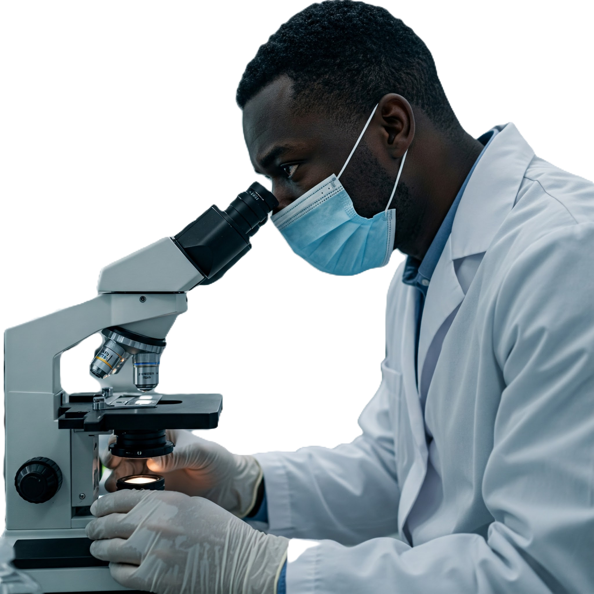 a lab technician looking into a microscope