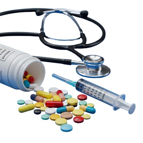 a stethoscope, syringe and prescription bottle with pills