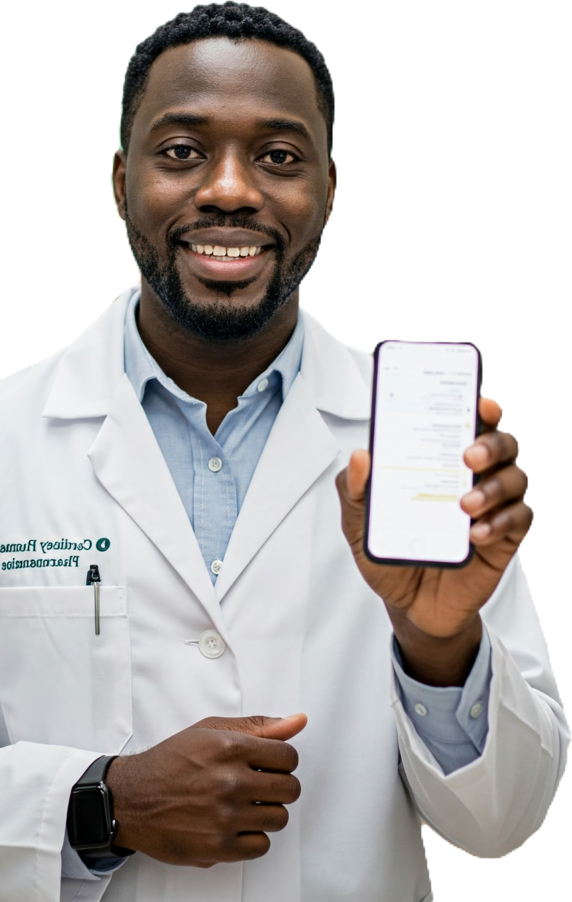 a pharmacist smiling and holding a smartphone