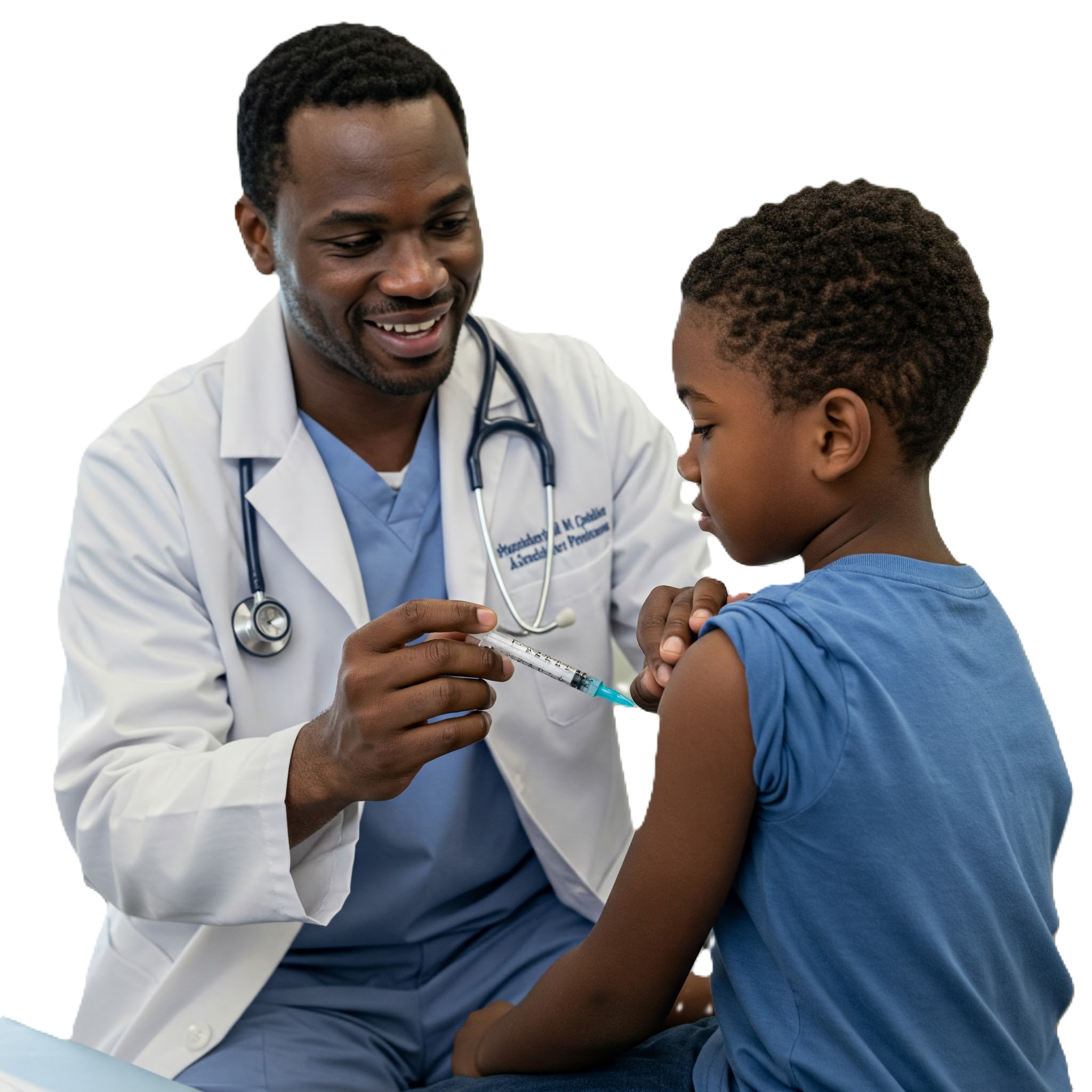 a doctor giving a young boy a flu shot
